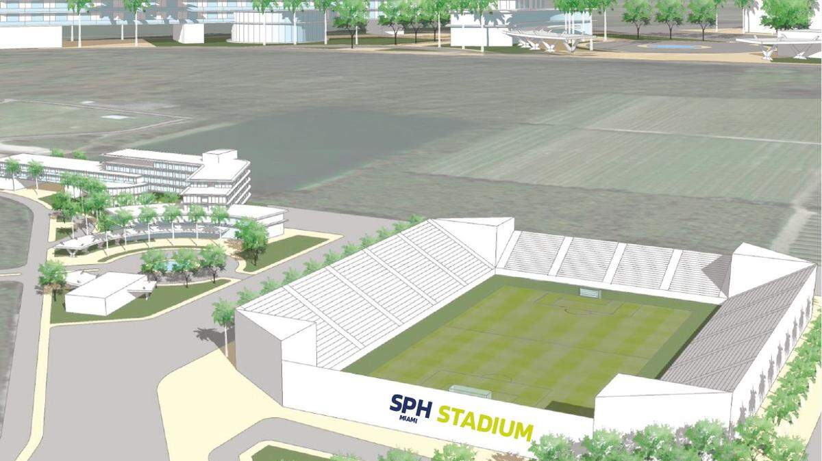 An artist rendering of a proposed soccer stadium in the Sports Performance Hub Miami-Dade, a sports academy that wants a 99-year lease on Miami-Dade County land outside of Homestead.