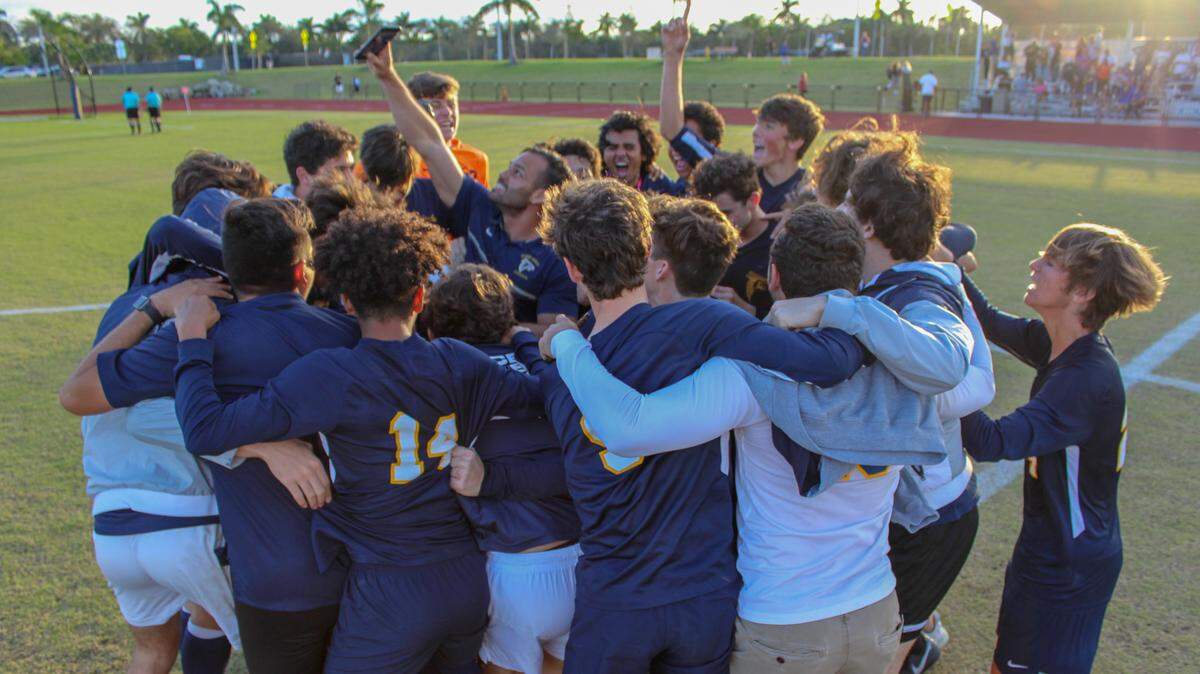 The Palmer Trinity boys’ soccer team celebrates after defeating Lakeland Christian in the 2018 Class 1A state semifinals on Saturday, Feb. 16, 2019.