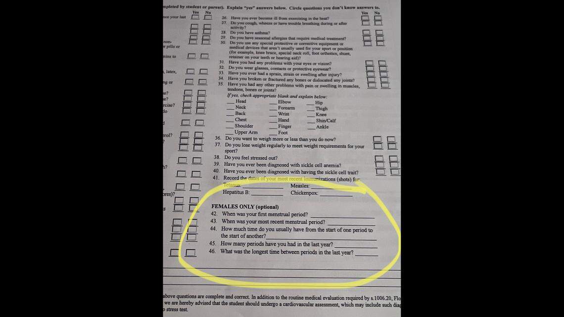 The part of the form that deals with menstrual cycles had in the past been optional. The FHSAA board voted Thursday to remove those questions from the form.