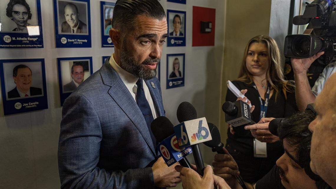 Newly appointed City of Miami Manager James Reyes, talks to the media after being approved by City Commission, during the first Miami City Commission meeting of 2026, at City Hall, on Thursday January 08, 2026.
