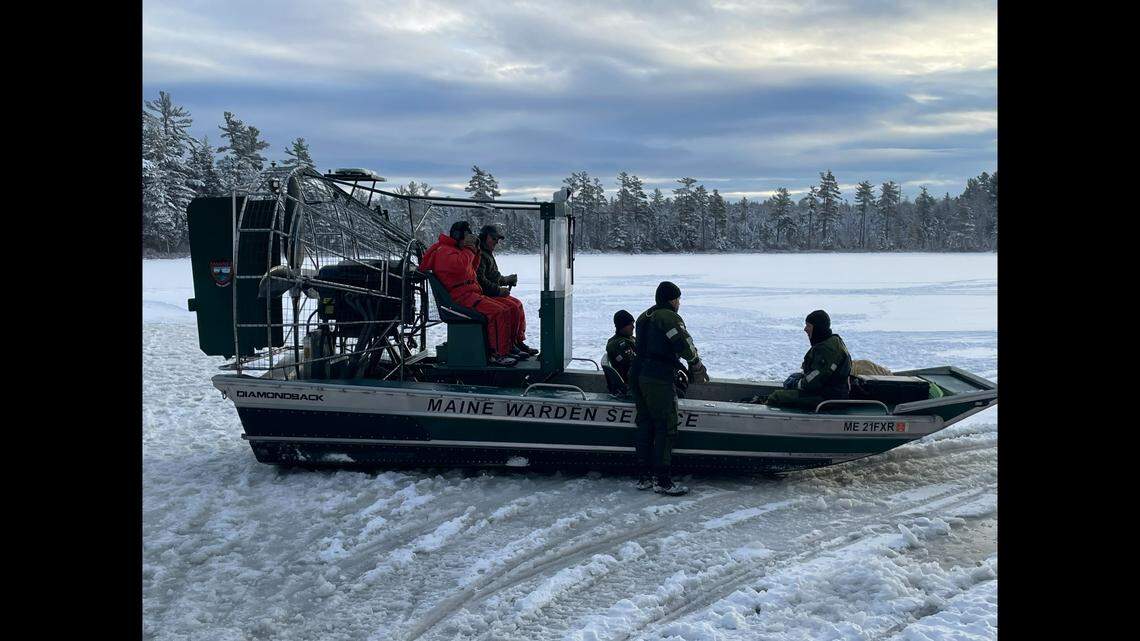A missing ice fisherman has been found dead at a frozen lake (not the one pictured) in Maine, after he broke through ice on his snowmobile, officials say.