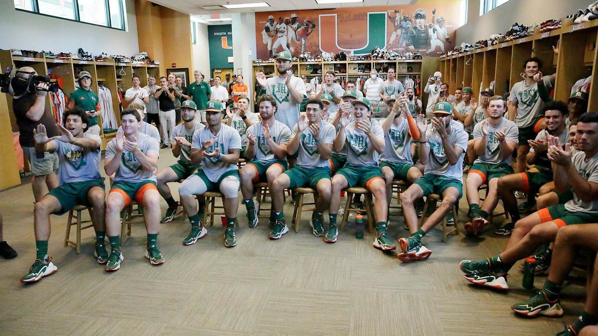 The Miami Hurricanes baseball team reacts on Monday, May 30, 2022 to the announcement of who will be coming to play in the NCAA Coral Gables Regional. The Hurricanes open play June 3 against Canisus at Mark Light Field. Andrew Uloza / for THE MIAMI HERALD.