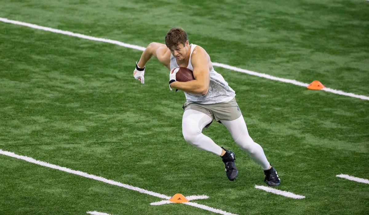 Tight end Will Mallory runs drills during Football Pro Day at the University of Miami’s indoor practice facility on Monday, March 27, 2023 in Coral Gables, Fla.