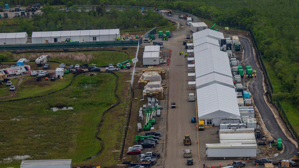 Aerial view of structures built at the recently opened migrant detention center, Alligator Alcatraz, on July 04, 2025.