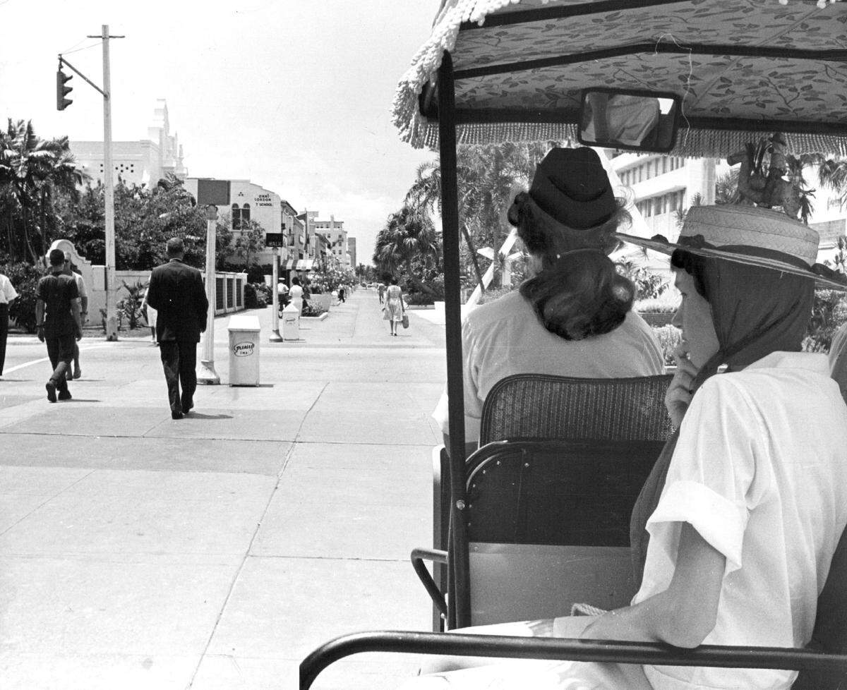 Riding the tram on Lincoln Road in South Beach.