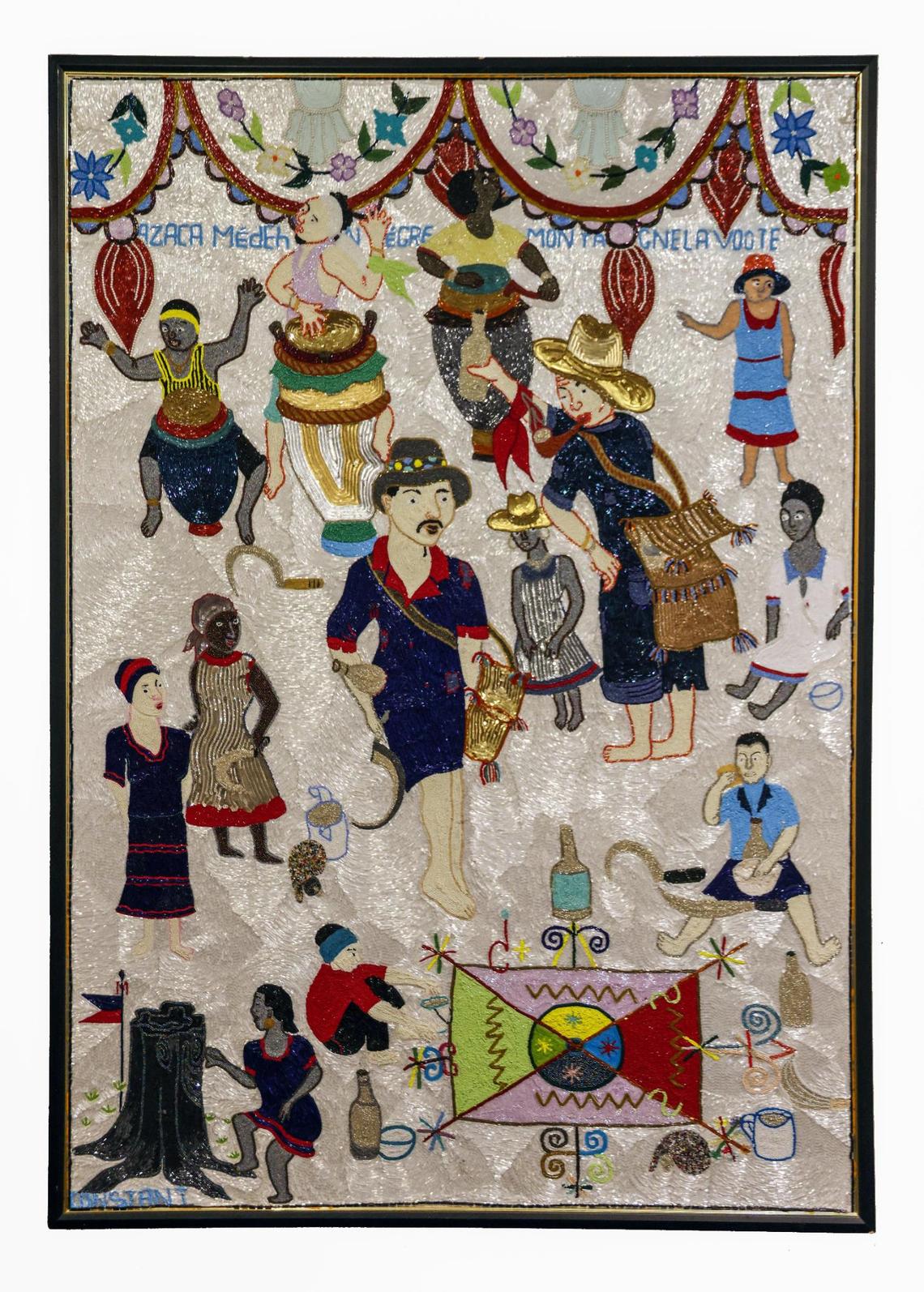 Myrlande Constant’s “Azaca Medeh Negre Montagne la Voute,” beadwork, thread, textile.
