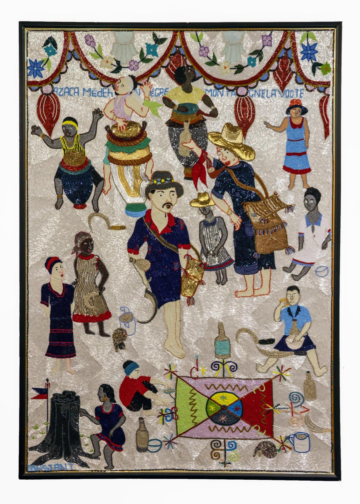 Myrlande Constant’s “Azaca Medeh Negre Montagne la Voute,” beadwork, thread, textile.