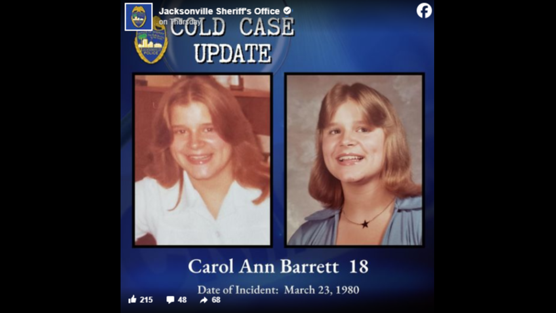 Carol Ann Barrett, a high schooler from Ohio, was on spring break with friends in Florida in 1980 when she was abducted and killed, the Jacksonville Sheriff’s Office said.