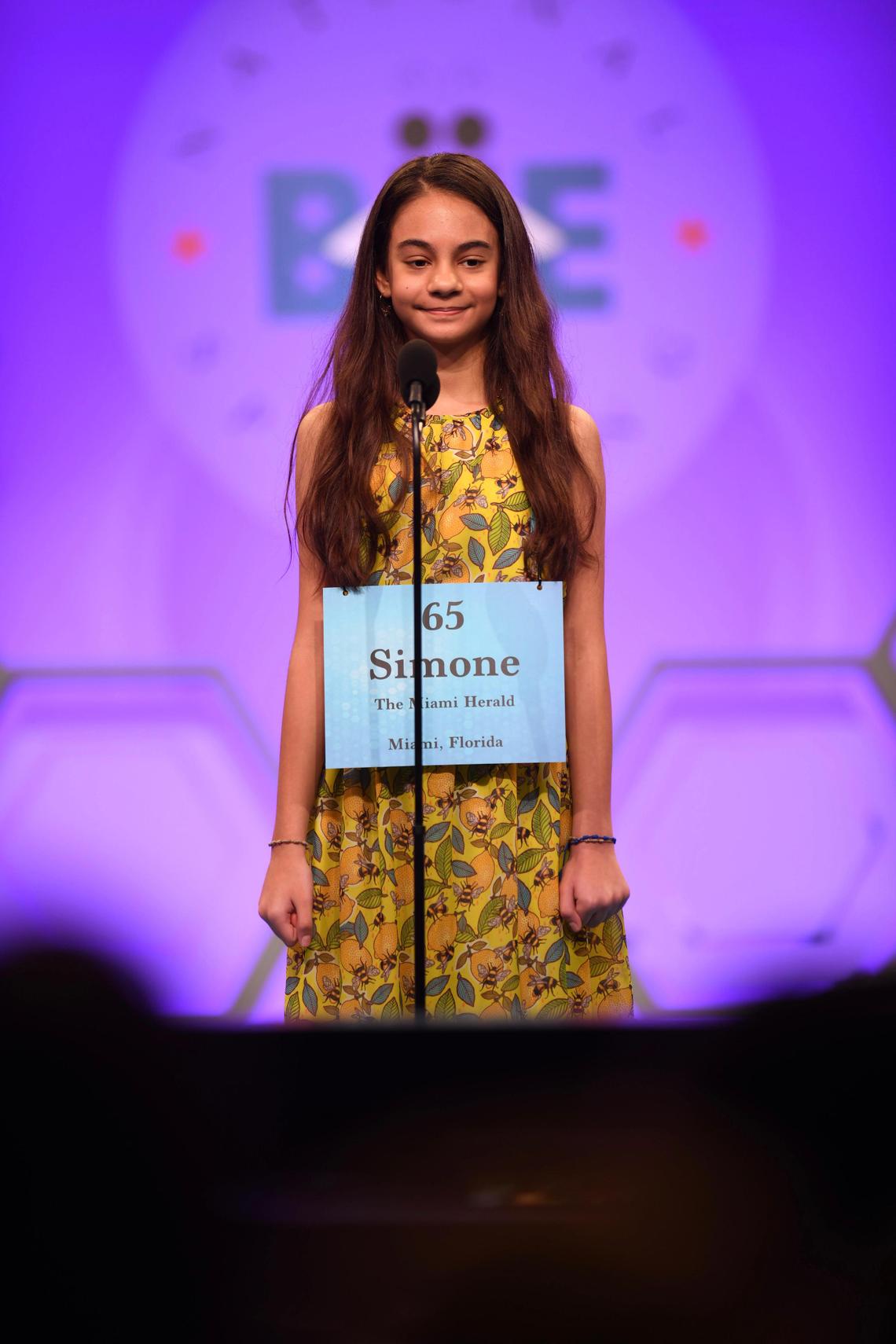 Simone Kaplan, 13, spells during the preliminary rounds of the Scripps National Spelling Bee in Maryland, May 28, 2019.