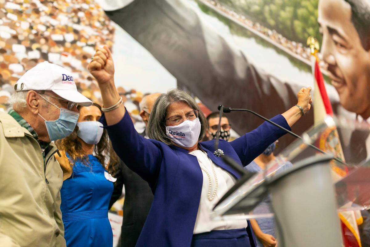 Daniella Levine Cava celebrates during her watch party in Miami, Florida after winning the Miami-Dade mayoral race against Esteban Bovo on Tuesday, November 3, 2020.