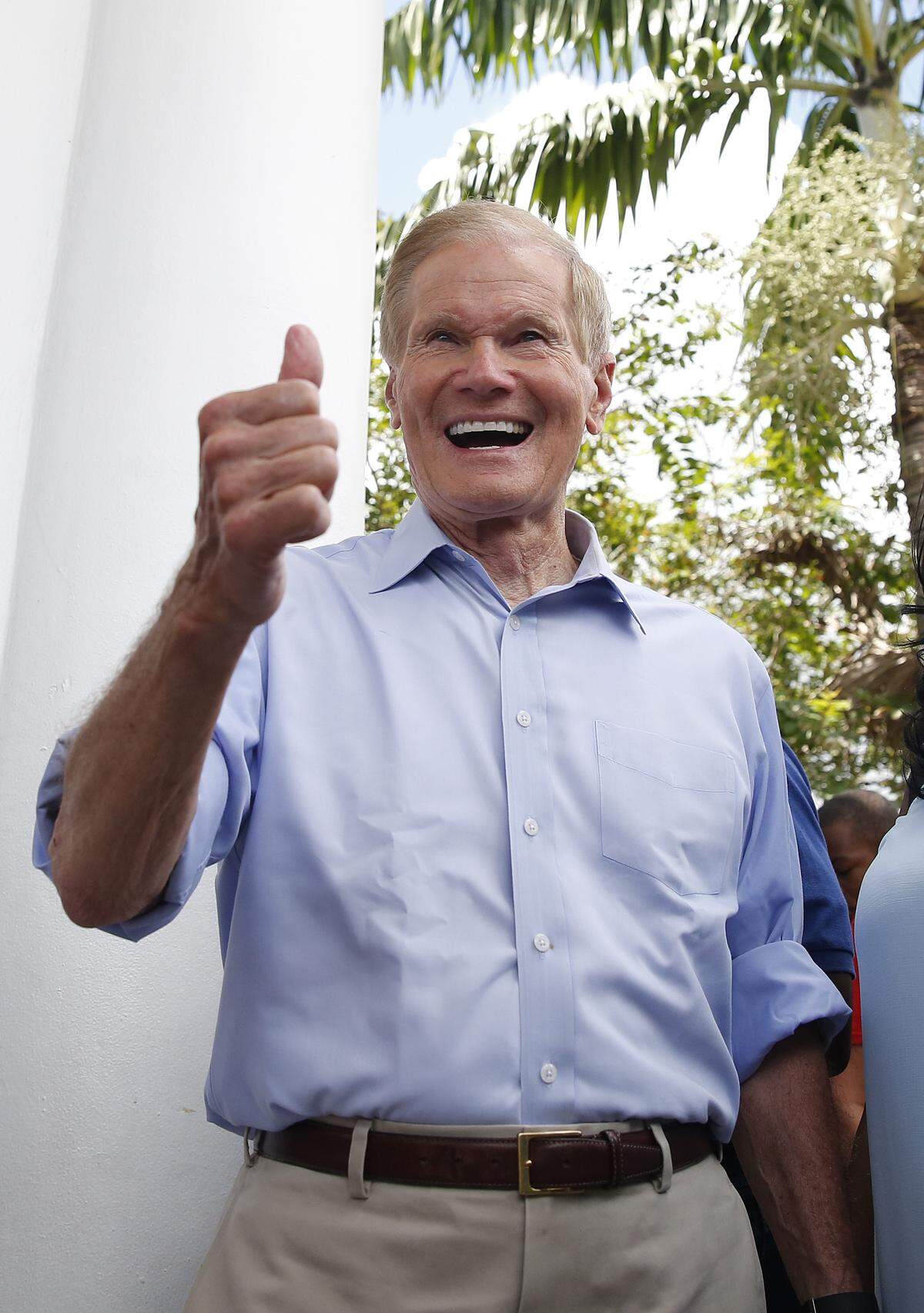 Sen. Bill Nelson, D-Fla., giving a thumbs up before he speaks to voters at a rally in Miami Gardens, Aug. 19, 2018.
