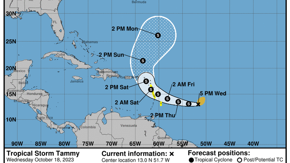 Tropical Storm Tammy formed near the Caribbean Sea in the afternoon of Wednesday, Oct. 18, 2023.
