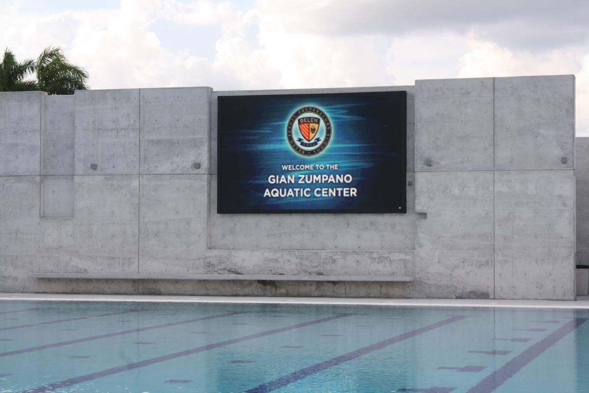 The Jumbotron at the new Gian Zumpano Aquatic Center at Belen Jesuit Preparatory School in West Miami-Dade.