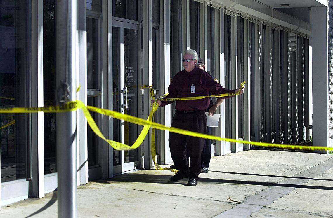 A crime scene in front of the 71st Street post office in 2002.