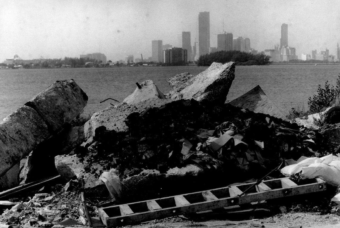 A 1990 view of Miami from the Julia Tuttle Causeway on the eastbound side.