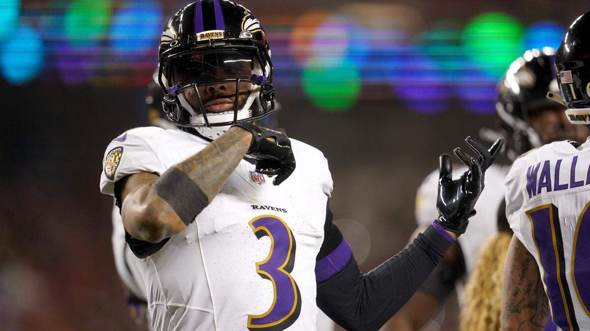 Dec 25, 2023; Santa Clara, California, USA; Baltimore Ravens wide receiver Odell Beckham Jr. (3) reacts against the San Francisco 49ers in the third quarter at Levi’s Stadium. Mandatory Credit: Cary Edmondson-USA TODAY Sports