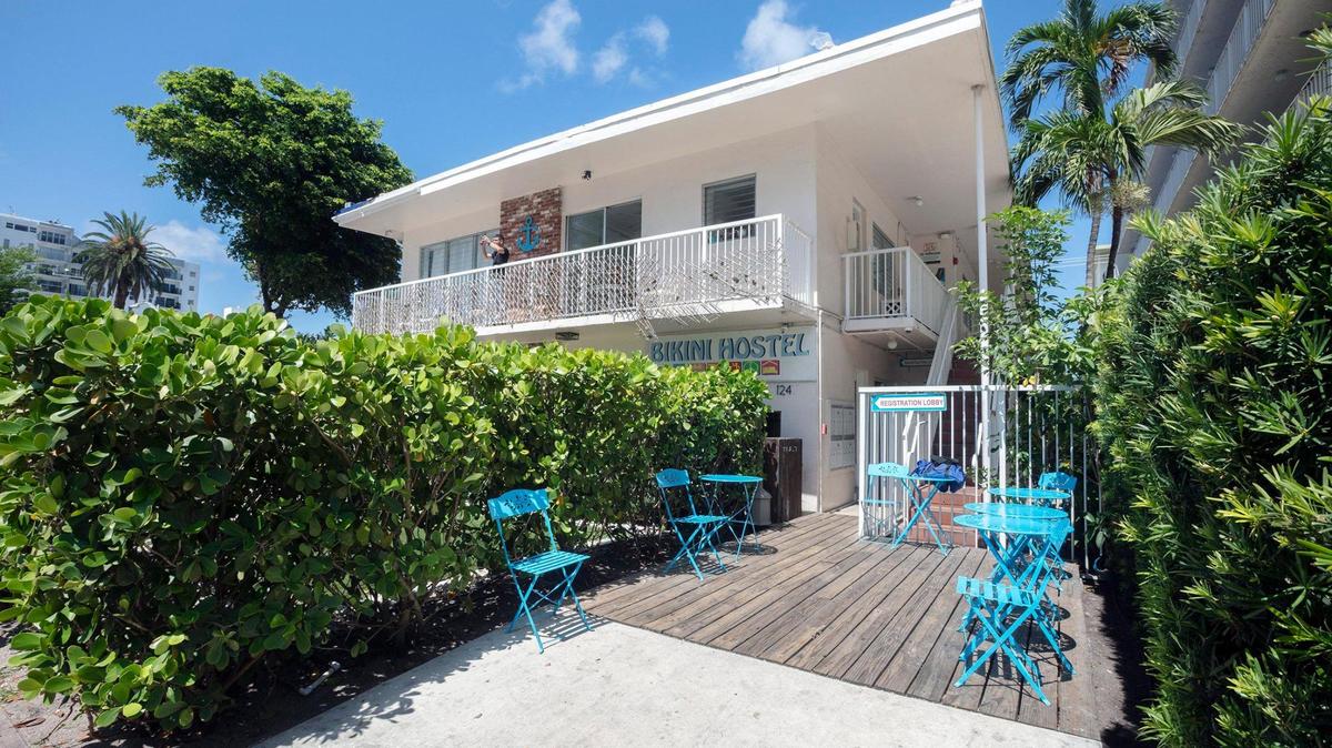 An exterior view of Bikini Hostel in Miami Beach on Monday, June 9, 2025. The property, currently used by the Miami-Dade Homeless Trust as a shelter, is set to be sold and demolished by a local developer, leaving many residents uncertain about their future.