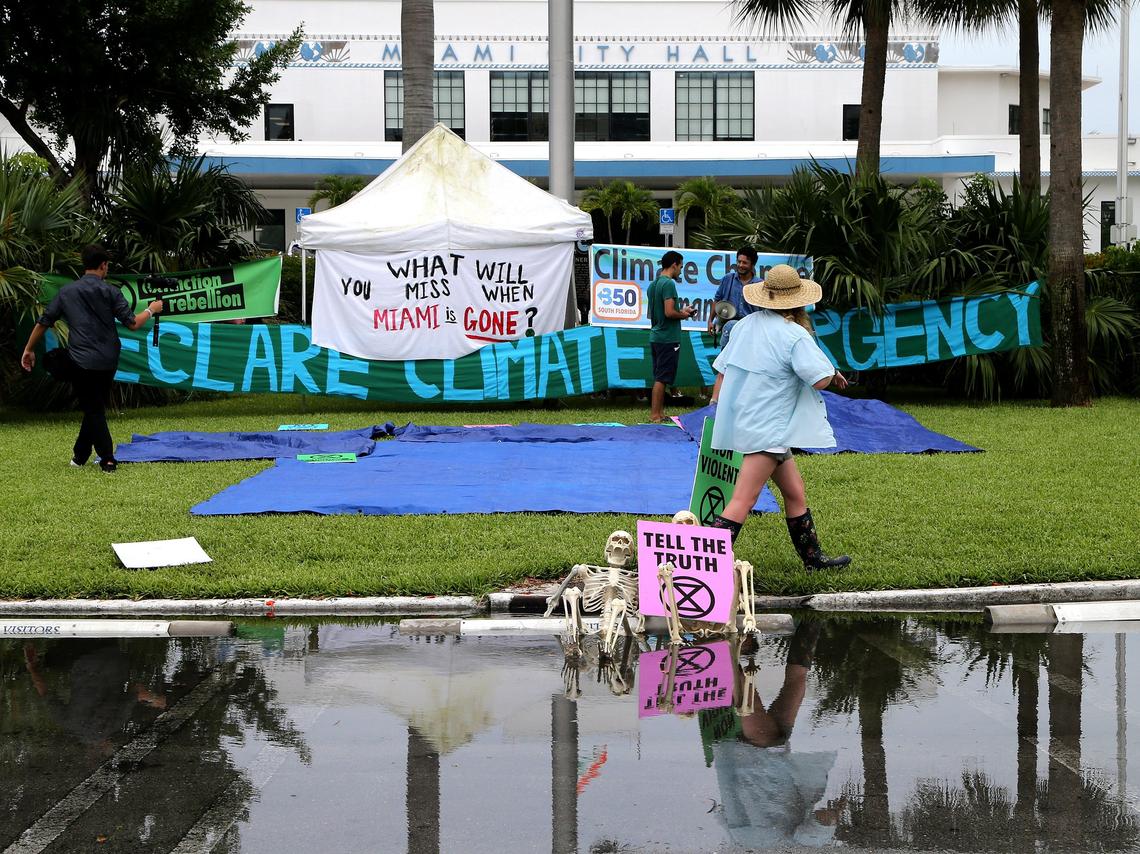 Two plastic skeletons sit in a pool of water surrounding a storm drain that regularly floods in front of Miami City Hall on Friday afternoon. Members of Zero Hour, the youth climate action organization, protested there before the #ThisIsZeroHour international weekend of youth climate action.