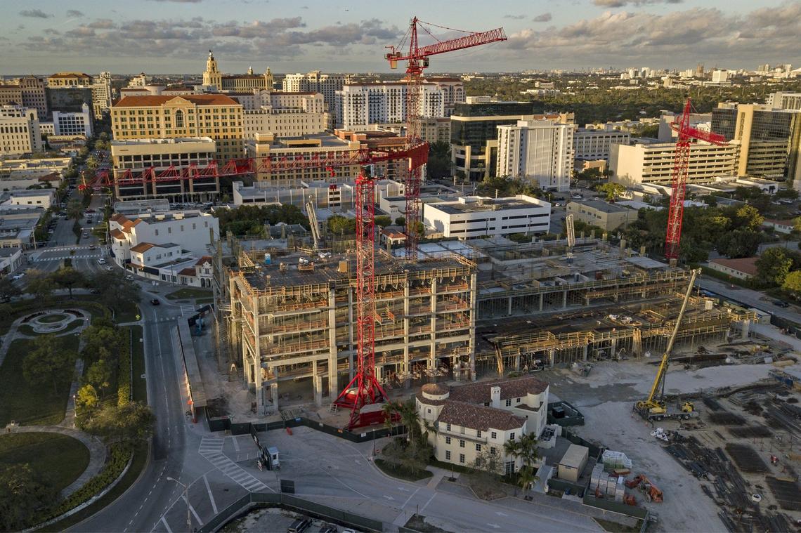 An aerial view of construction of phase one of The Plaza Coral Gables on Ponce de Leon Boulevard, just south of Miracle Mile. At bottom is a historic 1925 building that will be incorporated into the project.