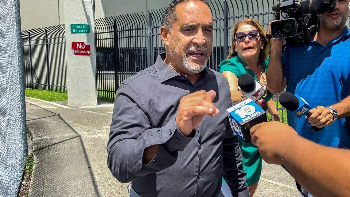 Miami-Dade Commissioner Joe Martinez talks briefly with the media as he walks out of the Miami-Dade Turner Guilford Knight Correctional Center near Doral on Tuesday afternoon, Aug. 30, 2022, after he surrendered to face criminal charges.