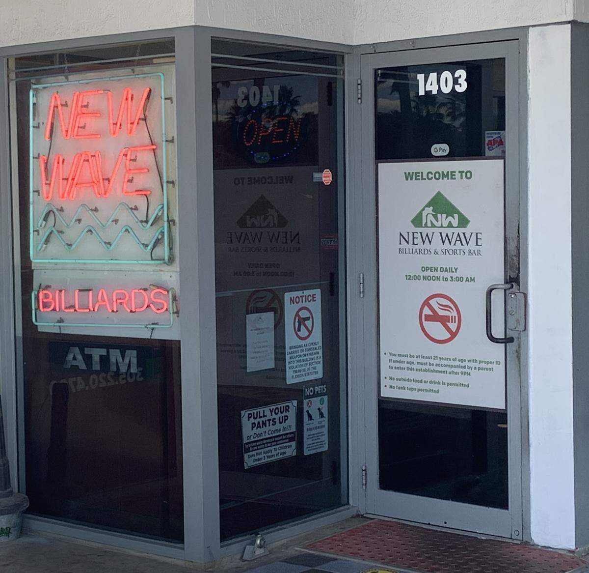 The entrance to New Wave Billiards & Sports Bar, 1403 SW 107th Ave.