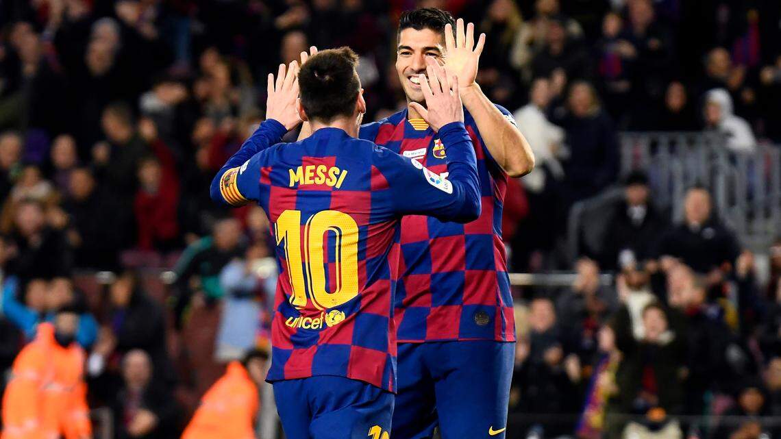 Lionel Messi of FC Barcelona celebrates his goal with Luis Suarez during the match FC Barcelona v RCD Mallorca, of LaLiga, 2019/2020 season, date 16. Camp Nou Stadium. Barcelona, Spain, 07 DEC 2019. (Photo by pressinphoto/Sipa USA). The former teammates may be reunited at Inter Miami for the 2024 season.