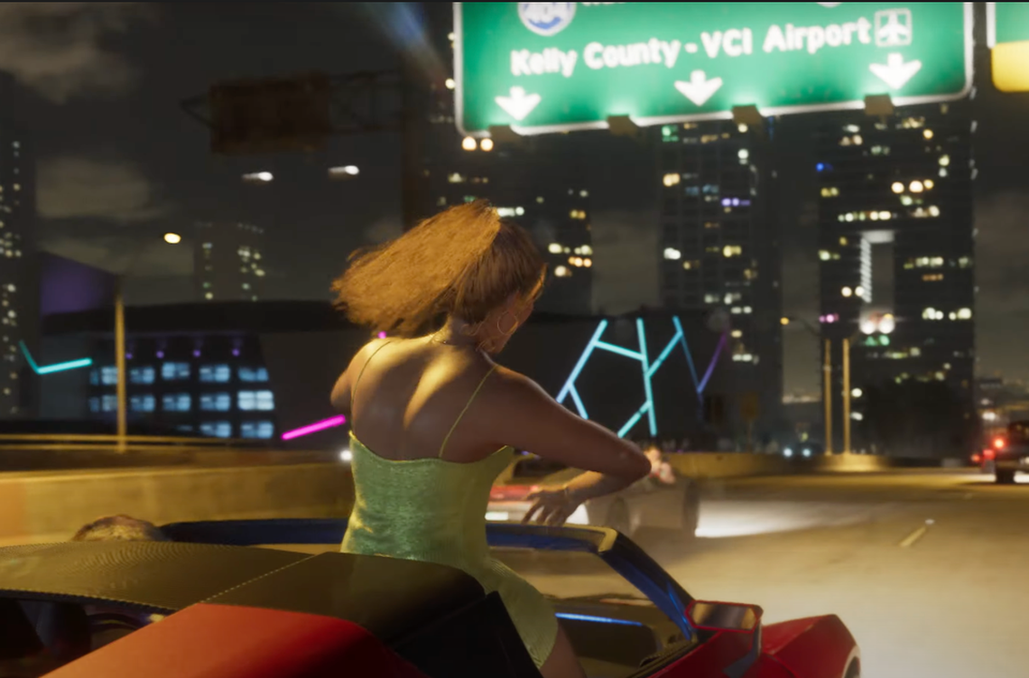 A screenshot from the trailer for Grand Theft Auto VI shows fictionalized versions of I-395 and the MacArthur Causeway near the Miami Heat’s Kaseya Center. Grand Theft Auto VI, set in Vice City (fictionalized Miami), will be the eighth main GTA game, and the first since Grand Theft Auto V, which was released in 2013. The series is developed by Rockstar Games.