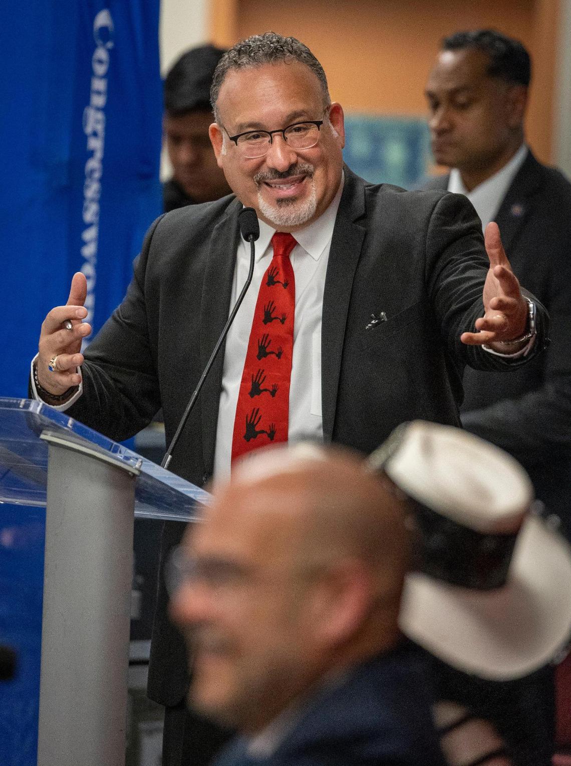 Miami, Florida - May 4, 2023 - U.S. Secretary of Education Miguel Cardona speaks at a presentation he and Rep. Frederica S. Wilson held at Dr. Frederica S. Wilson / Skyway Elementary School in Miami Gardens. Cardona slammed the education bills coming out of the Florida Legislature, saying it’s the ‘opposite’ of what’s needed to solve the nation’s teacher shortage.