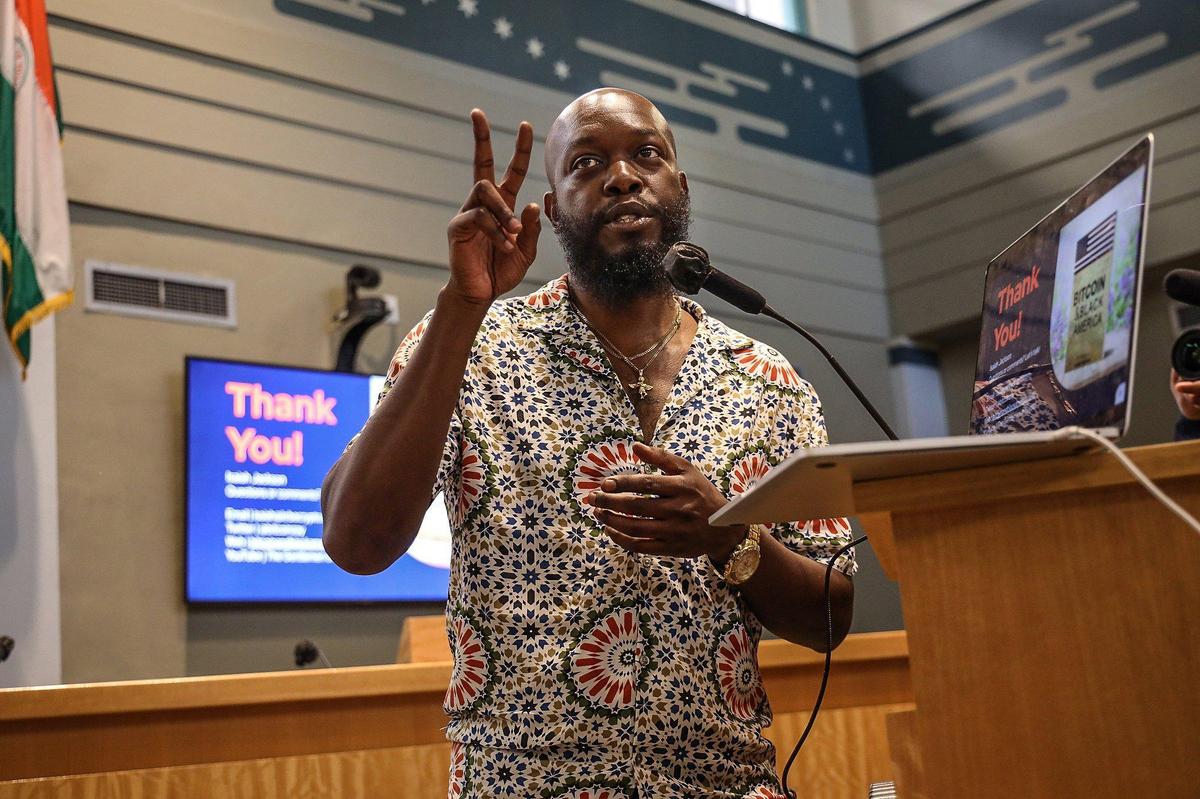 Keynote speaker Isaiah Jackson gives remarks about cryptocurrency during the 5000 Role Models of Excellence Project Innovation Tour as students gathered in Miami City Hall to learn about becoming part of the growing tech industry in Miami on Wednesday, Oct. 27, 2021.