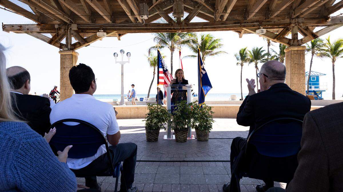 Congresswoman Debbie Wasserman Schultz speaks to a crowd of politicians and academics about Florida International University’s new $9 million grant to monitor groundwater on Wednesday, February 21, 2024 in Hollywood.