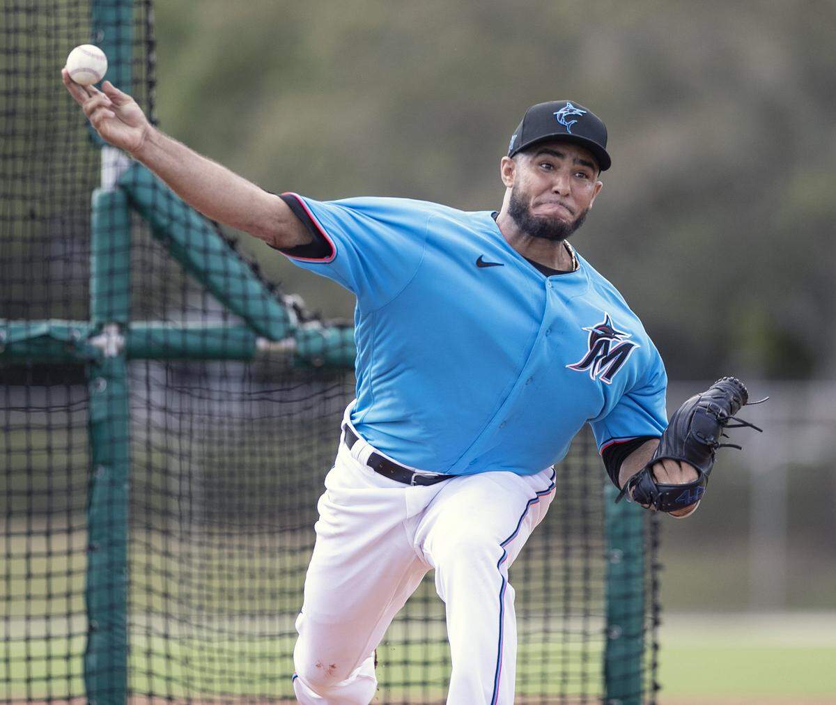 Miami Marlins right hand pitcher Yimi Garcia (93) pitches during spring training at the Roger Dean Chevrolet Stadium in Jupiter oon Wednesday, February 19, 2020.