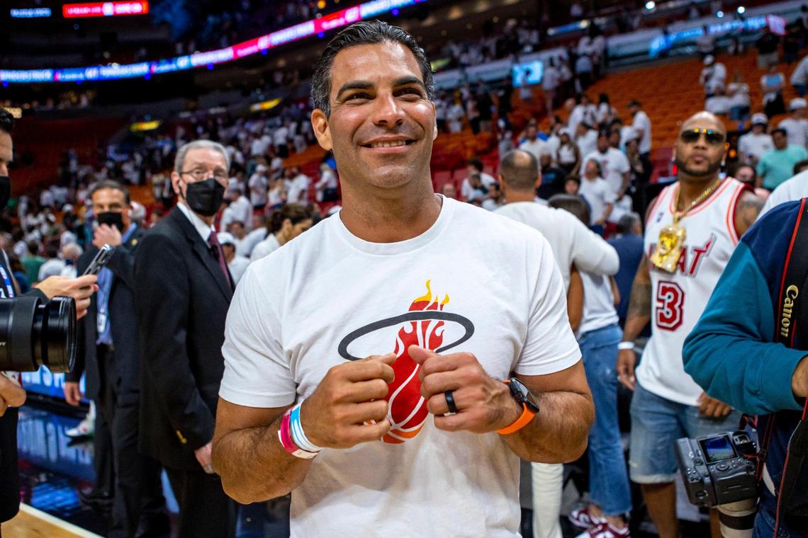 Mayor of Miami Francis X. Suarez reacts after the fourth quarter of Game 1 of the NBA Eastern Conference Finals series between the Miami Heat and the Boston Celtics at FTX Arena in Miami, Florida, on Tuesday, May 17, 2022.