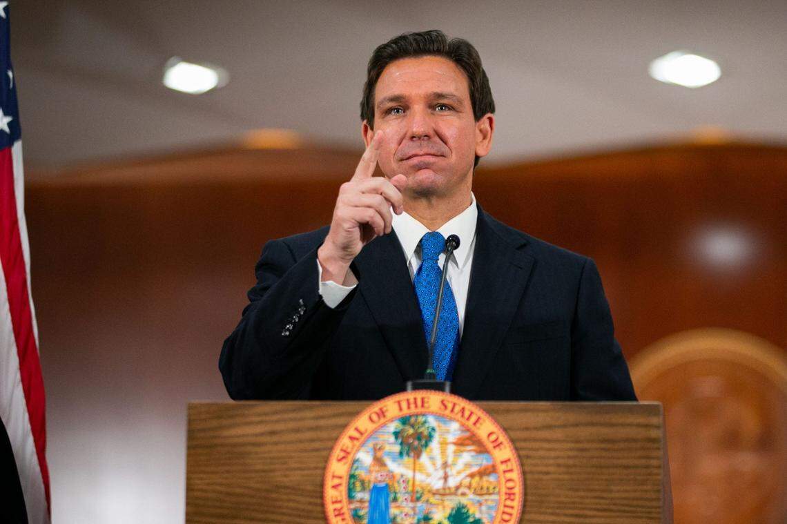 Gov. Ron DeSantis gives his assessment of the 2023 Florida legislative session, in the Cabinet room of the Capitol in Tallahassee on Friday, May 5, 2023.