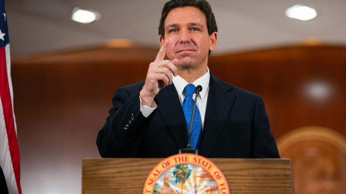Gov. Ron DeSantis gives his assessment of the 2023 Florida legislative session, in the Cabinet room of the Capitol in Tallahassee on Friday, May 5, 2023.