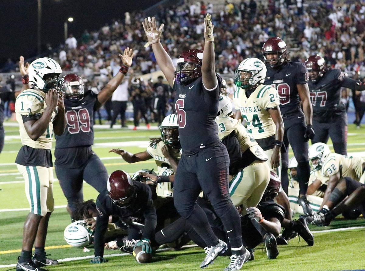 Norland Vikings celebrate a touchdown against Miami Central Rockets during the regional final playoff football game on Friday, November 23, 2023 at Traz Powell Stadium in Miami.