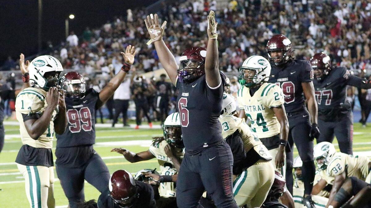 Norland Vikings celebrate a touchdown against Miami Central Rockets during the regional final playoff football game on Friday, November 23, 2023 at Traz Powell Stadium in Miami. Andrew Uloza / for Miami Herald