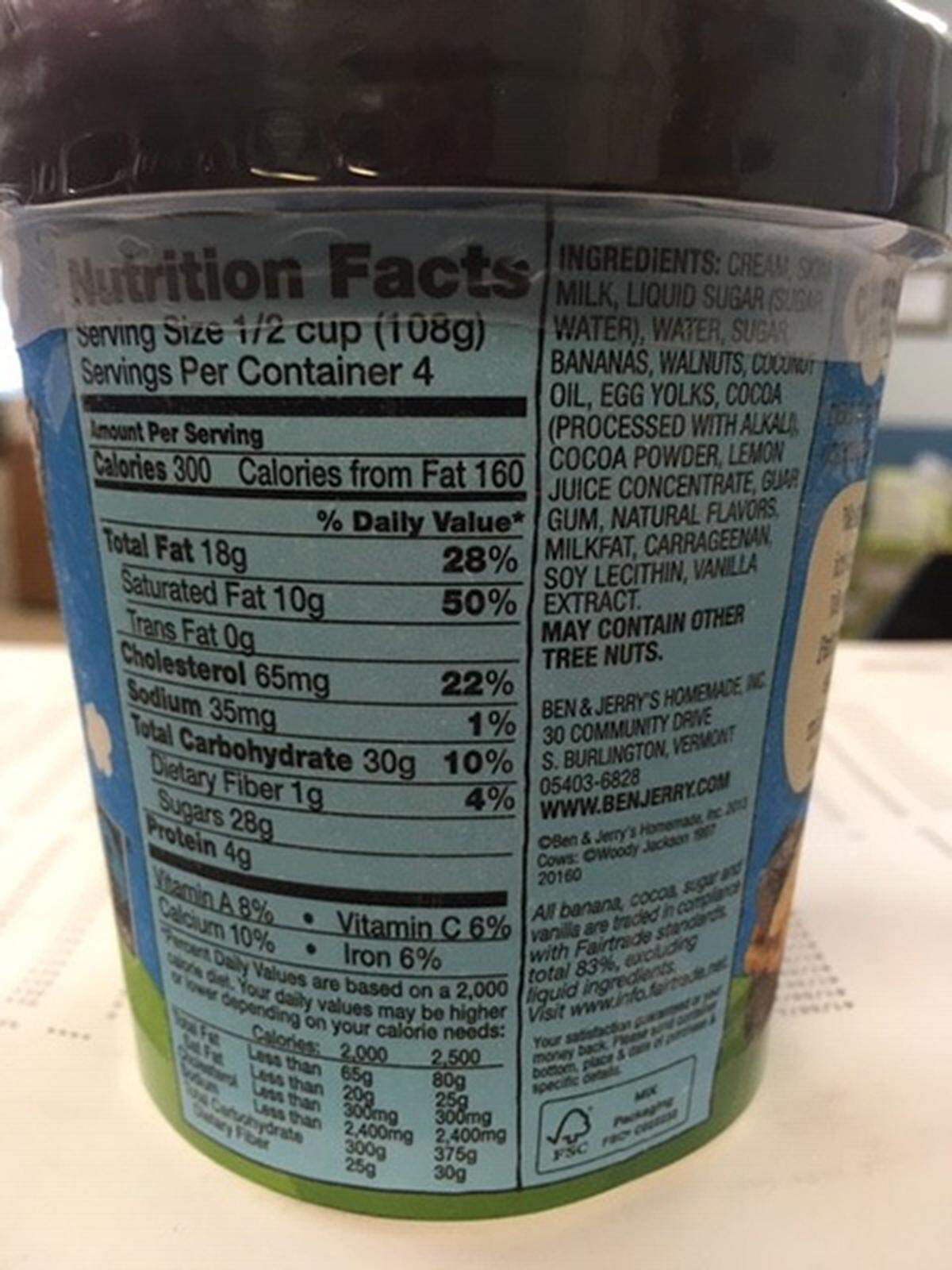 The back and ingredients label of a pint of Chunky Monkey