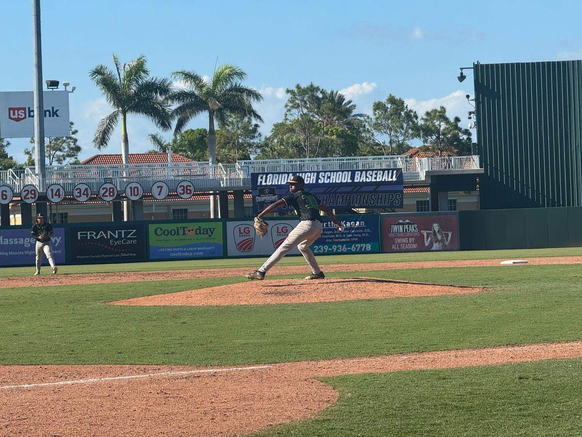 Brito senior Samuel Castro throws a pitch during Wednesday’s Class 1A state semifinal against Orange Park St. Johns Country Day at Hammond Stadium in Fort Myers, Fla.