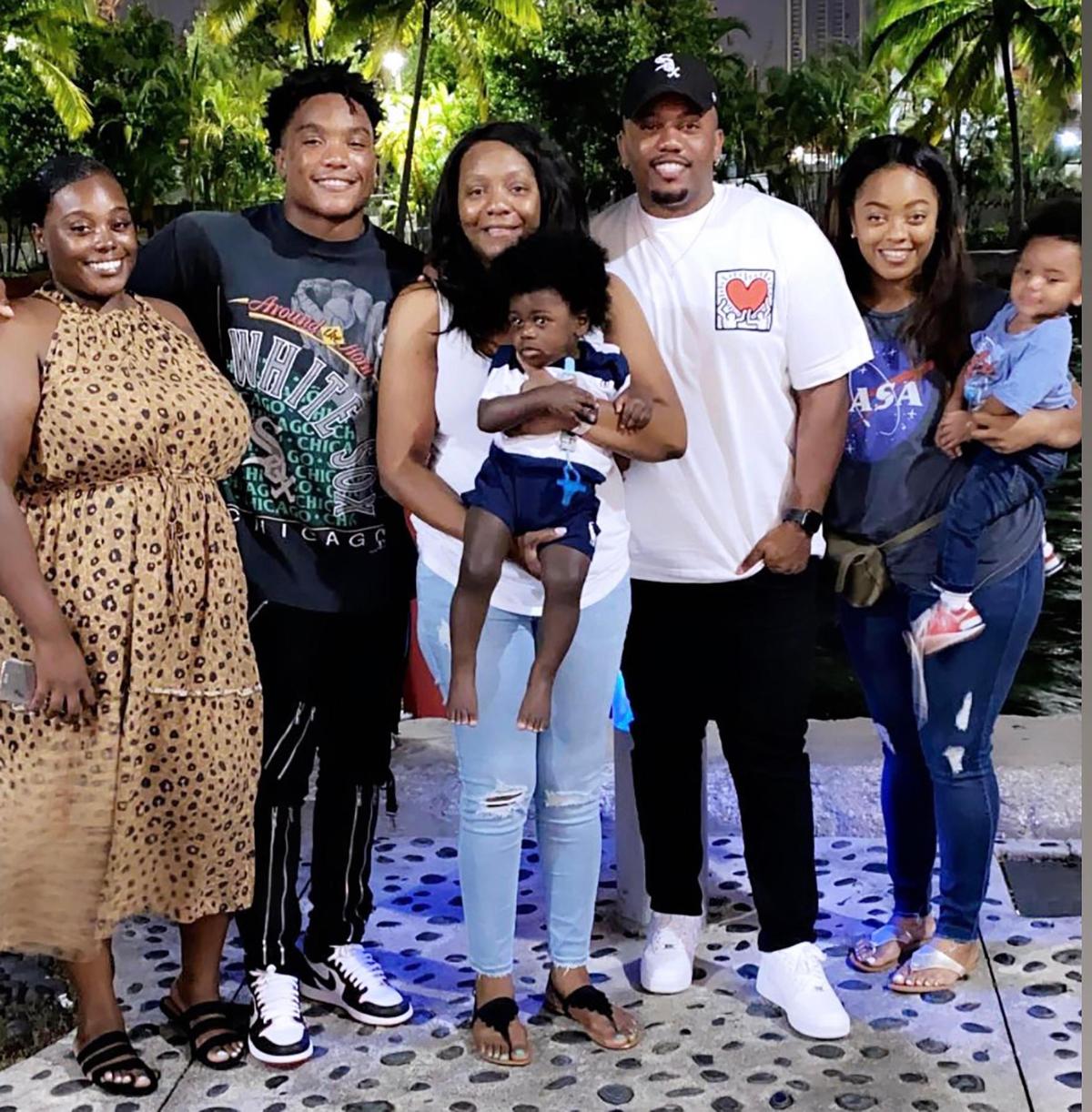 D'Eriq King's family. Left to right is his sister Erica, D’Eriq, his mother Cassandra (middle) holding 1-year-old Nolan, his brother Keshon and his sister Calandria (far right) holding 1-year-old Jeffery. Photo courtesy of the King family.