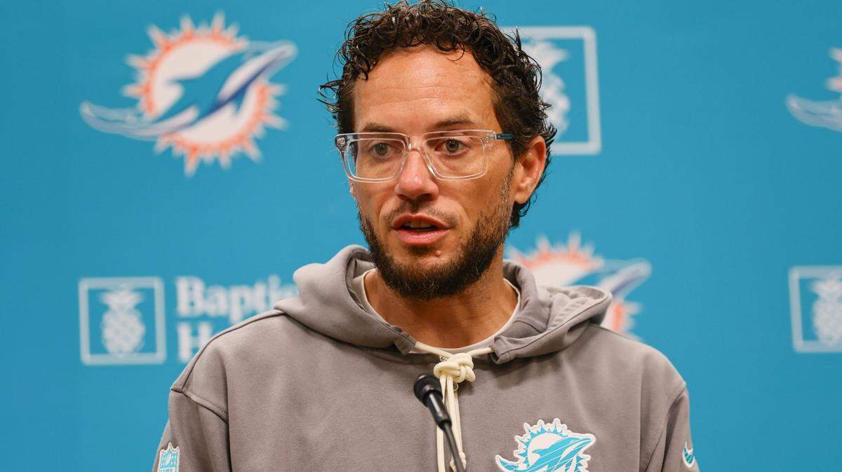 Miami Dolphins head coach Mike McDaniel talks to reporters during a press conference before training camp at Baptist Health Training Complex in Miami Gardens, Florida, on Monday, September 2, 2024.