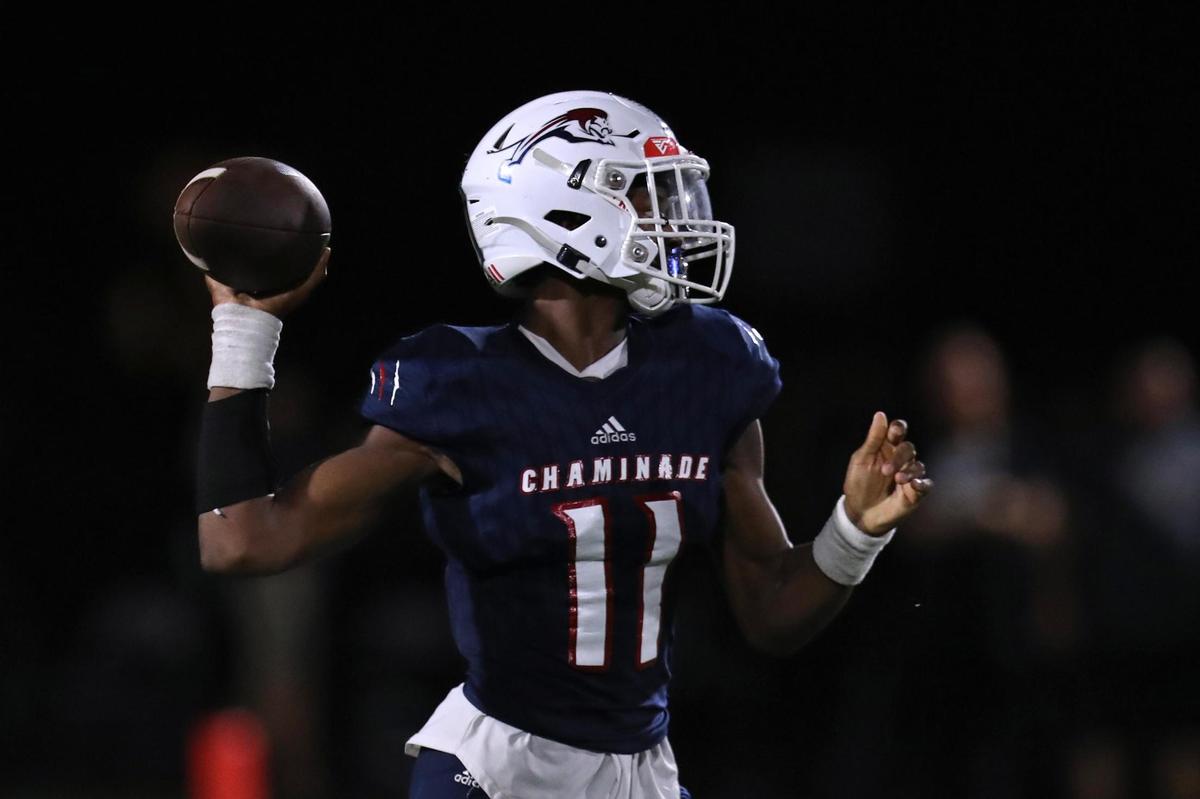 Chaminade-Madonna quarterback Cedrick Bailey throws against American Heritage during the first half on Friday, Sept. 16, 2022 in Hollywood.