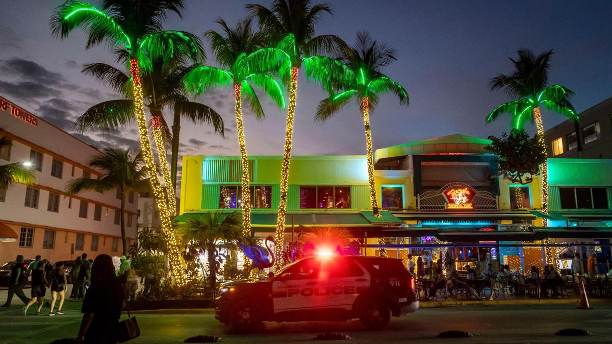 Miami Beach, Florida, February 29, 2024 - A Miami Beach Police vehicle on patrol on Ocean Drive in front of Mango’s Tropical Cafe in South Beach.