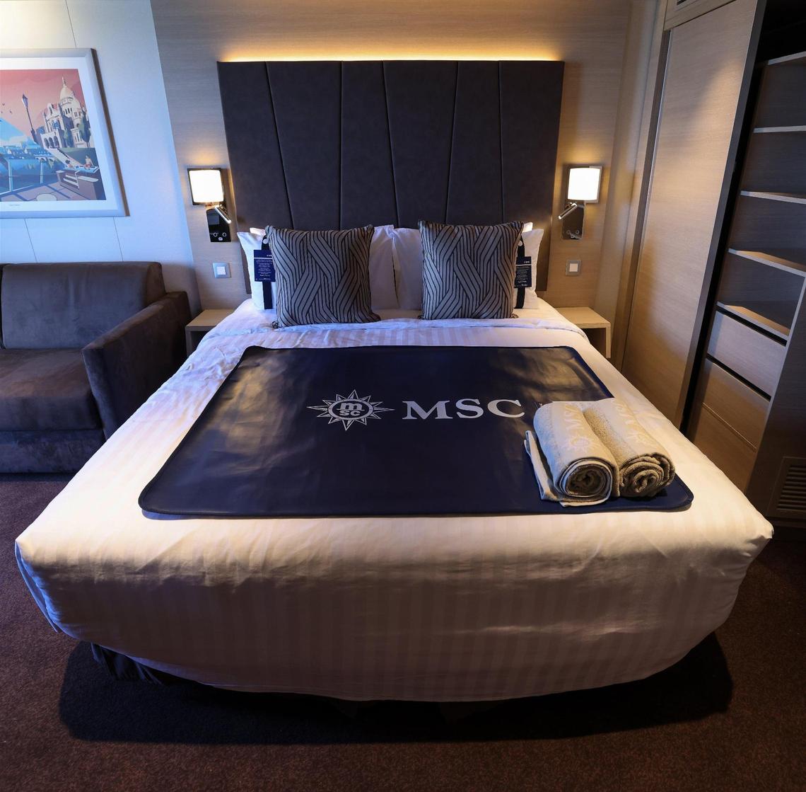 A large queen bed is part of the Premium Suite Aurea as MSC Cruises officially named its highly-anticipated new flagship, MSC World America, at the line’s new state-of-the-art MSC Miami Cruise Terminal on Wednesday, April 9, 2025, at PortMiami.