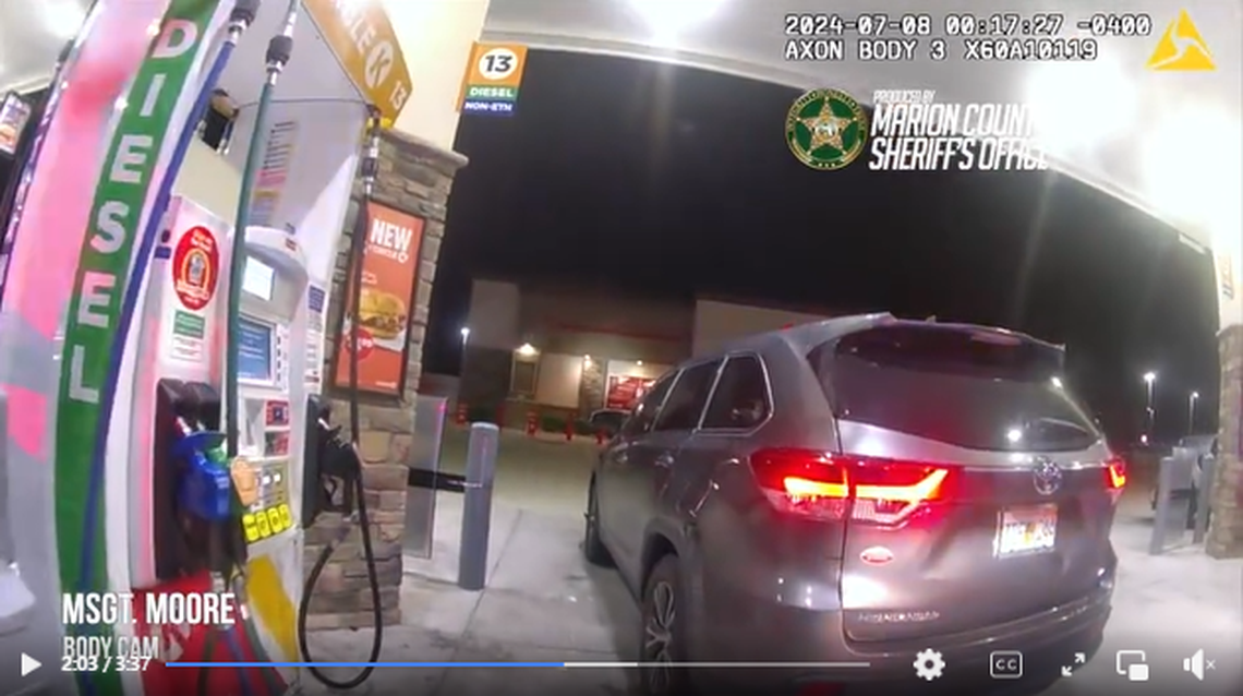 A Florida driver tried to pump gas into her SUV while she was involved in a traffic stop in Marion County, Florida, officials say.