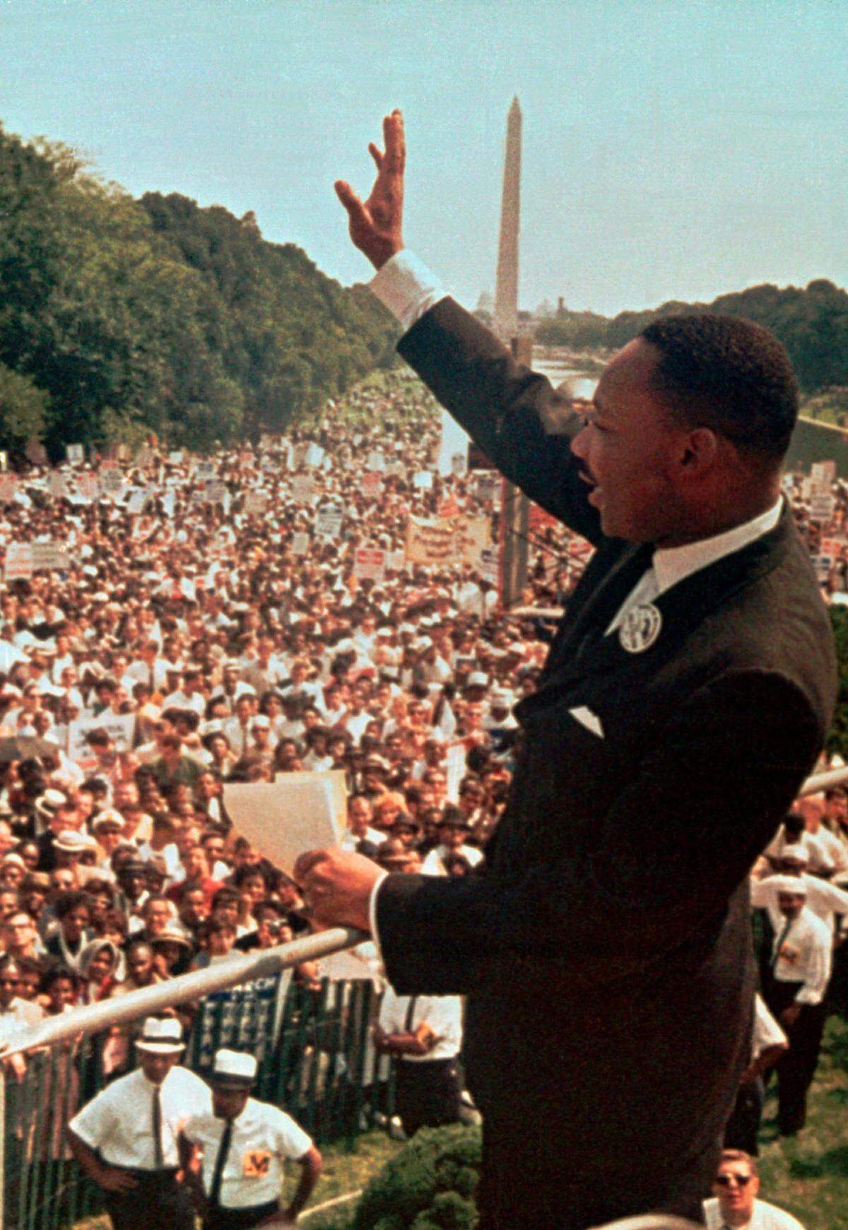 Dr. Martin Luther King Jr. acknowledges the crowd at the Lincoln Memorial for his “I Have a Dream” speech during the March on Washington, D.C. on Aug. 28, 1963.