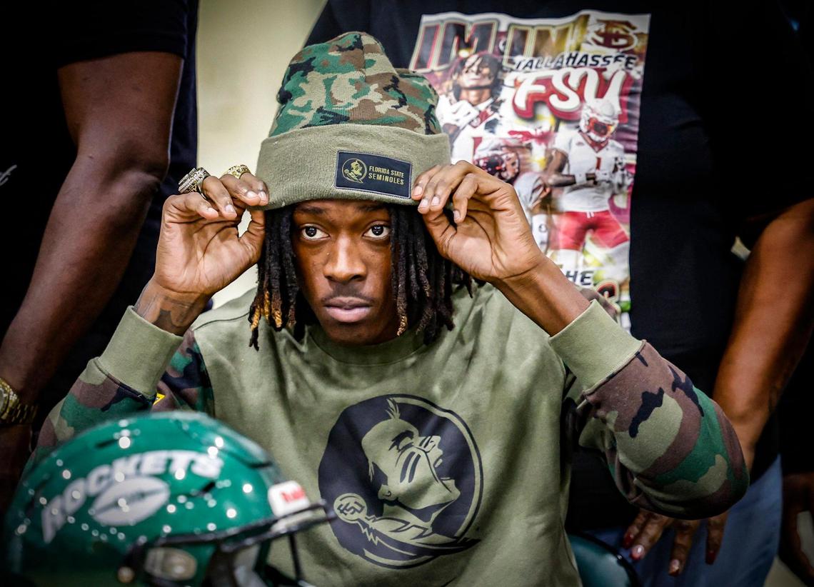 Miami Central High School Lawayne McCoy commits to Florida State University during signing day in Miami, Florida on Wednesday, December 20, 2023.