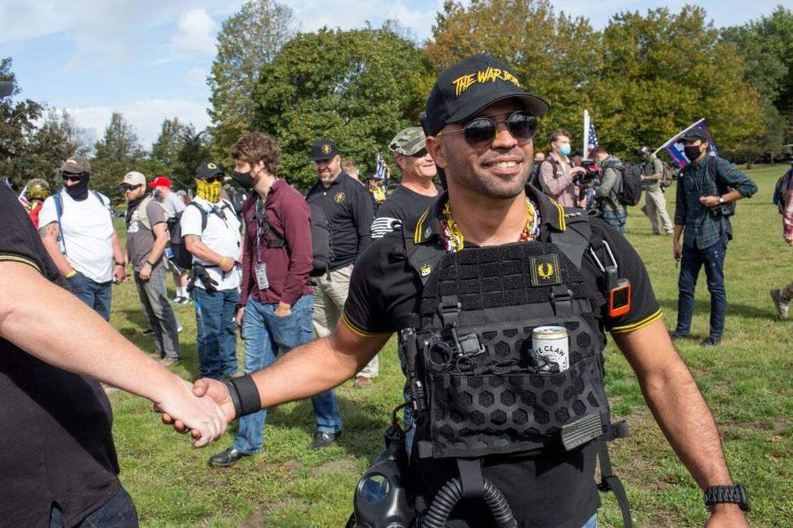 Enrique Tarrio, a leader of the Proud Boys, at a Sept. 26 rally in Portland, Oregon.