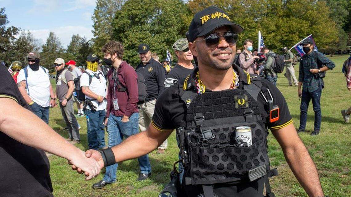 Enrique Tarrio, a leader of the Proud Boys, at a Sept. 26 rally in Portland, Oregon.