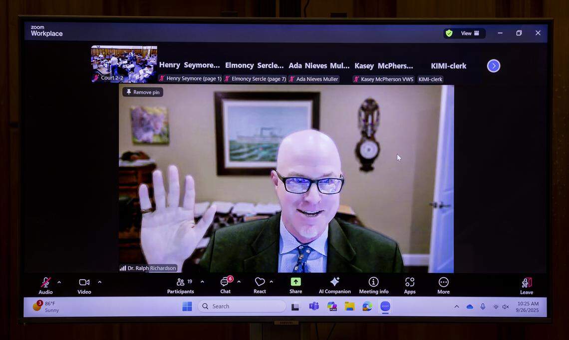 Psychologist Dr. Ralph Richardson is sworn in during a competency hearing for Travis Grafe, son of the former Knaus Berry Farms owners, at the Richard E. Gerstein Justice Building on Friday, Sept. 26, 2025, in Miami, Fla. Grafe is accused of beating his mother, Rachel Knaus Grafe, to death.