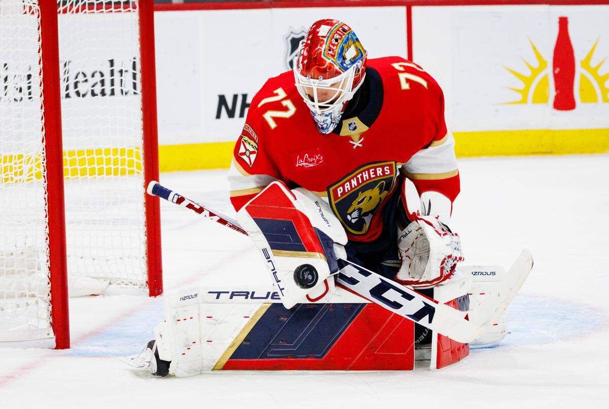 Florida Panthers goaltender Sergei Bobrovsky (72) blocks a shot on goal during the second period of a game on Thursday, Oct. 17, 2024, at Amerant Bank Arena in Sunrise, Fla.